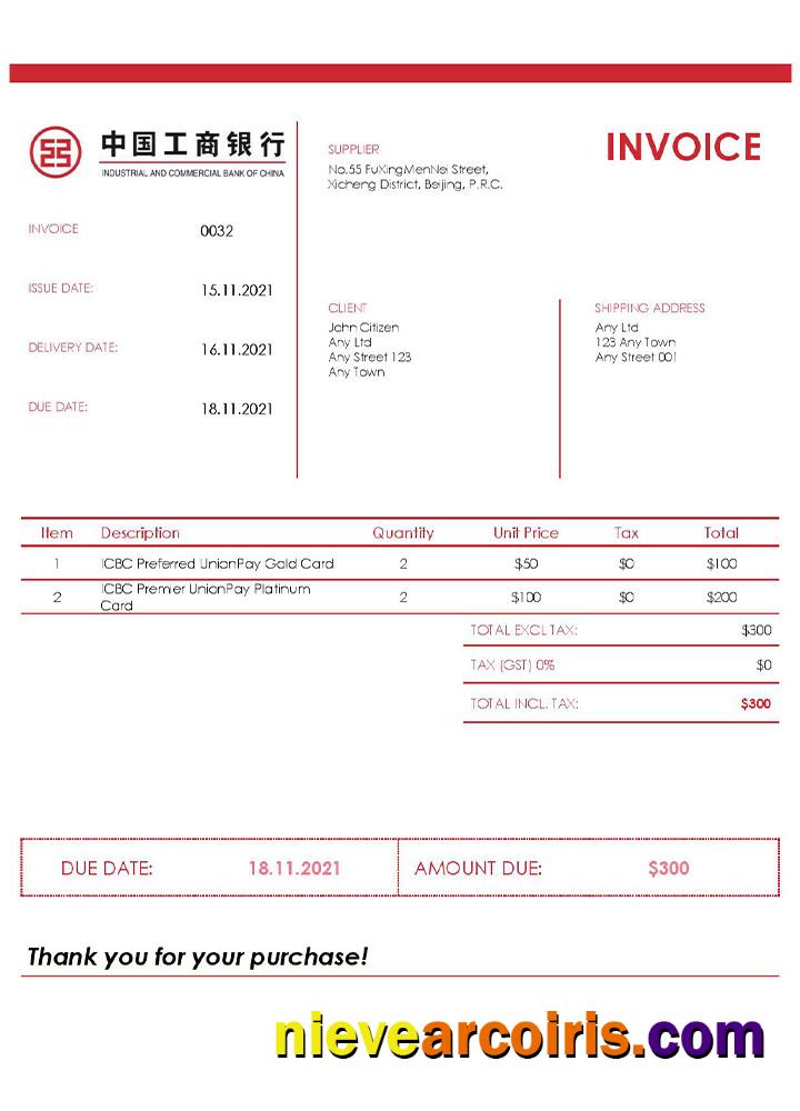 USA ICBC invoice